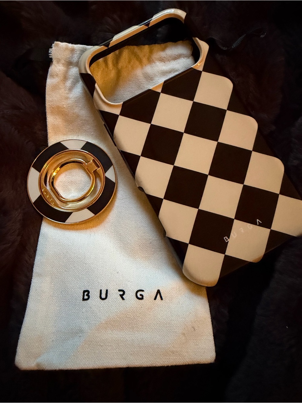 BURGA Black & White Checker Phone Case with Gold Ring Holder